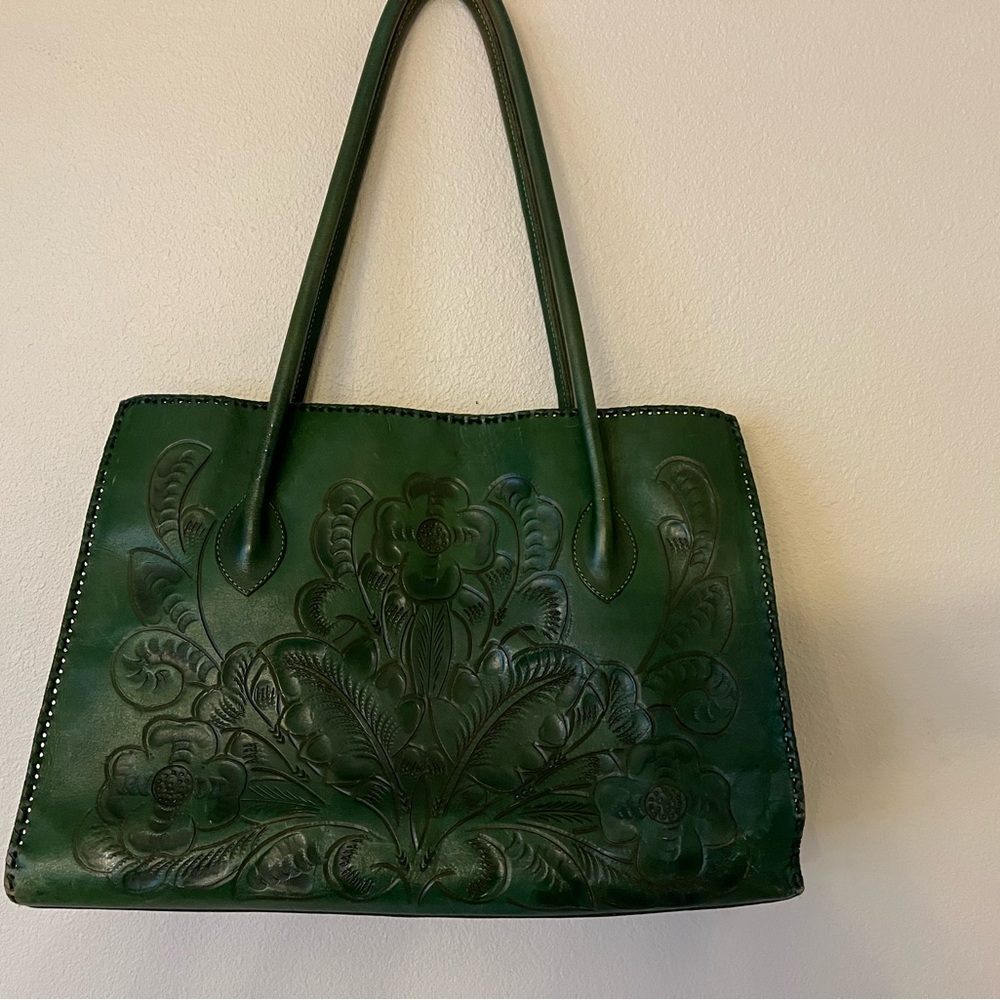 Green Floral Embossed Vintage Hand Tooled Handbag